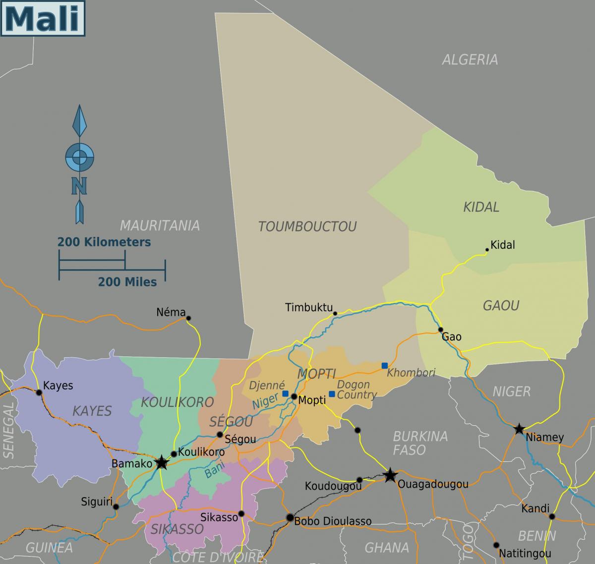 Kaart van Mali regio ' s